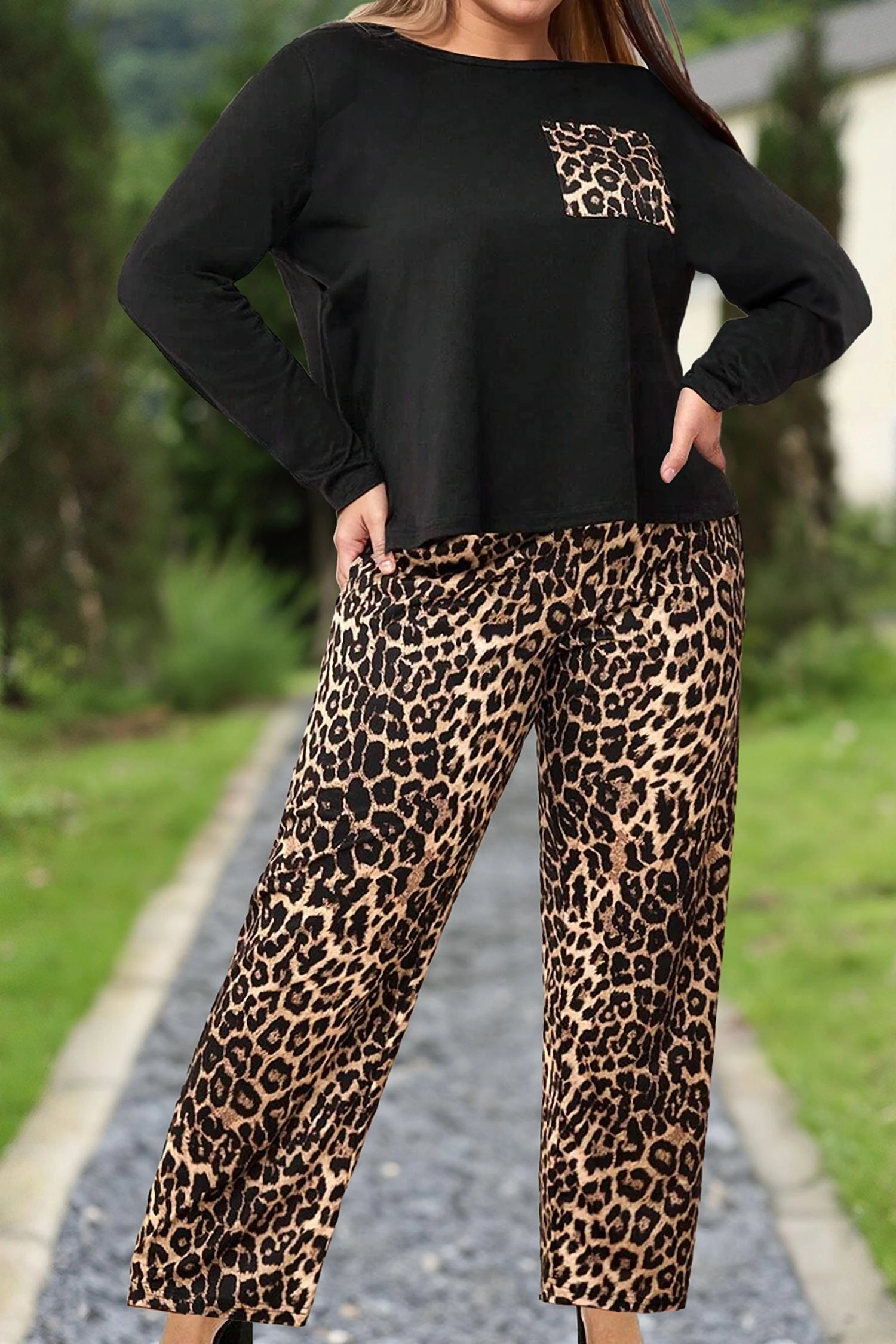 Leopard Top And Pants Set In Black Eco Certified Materials