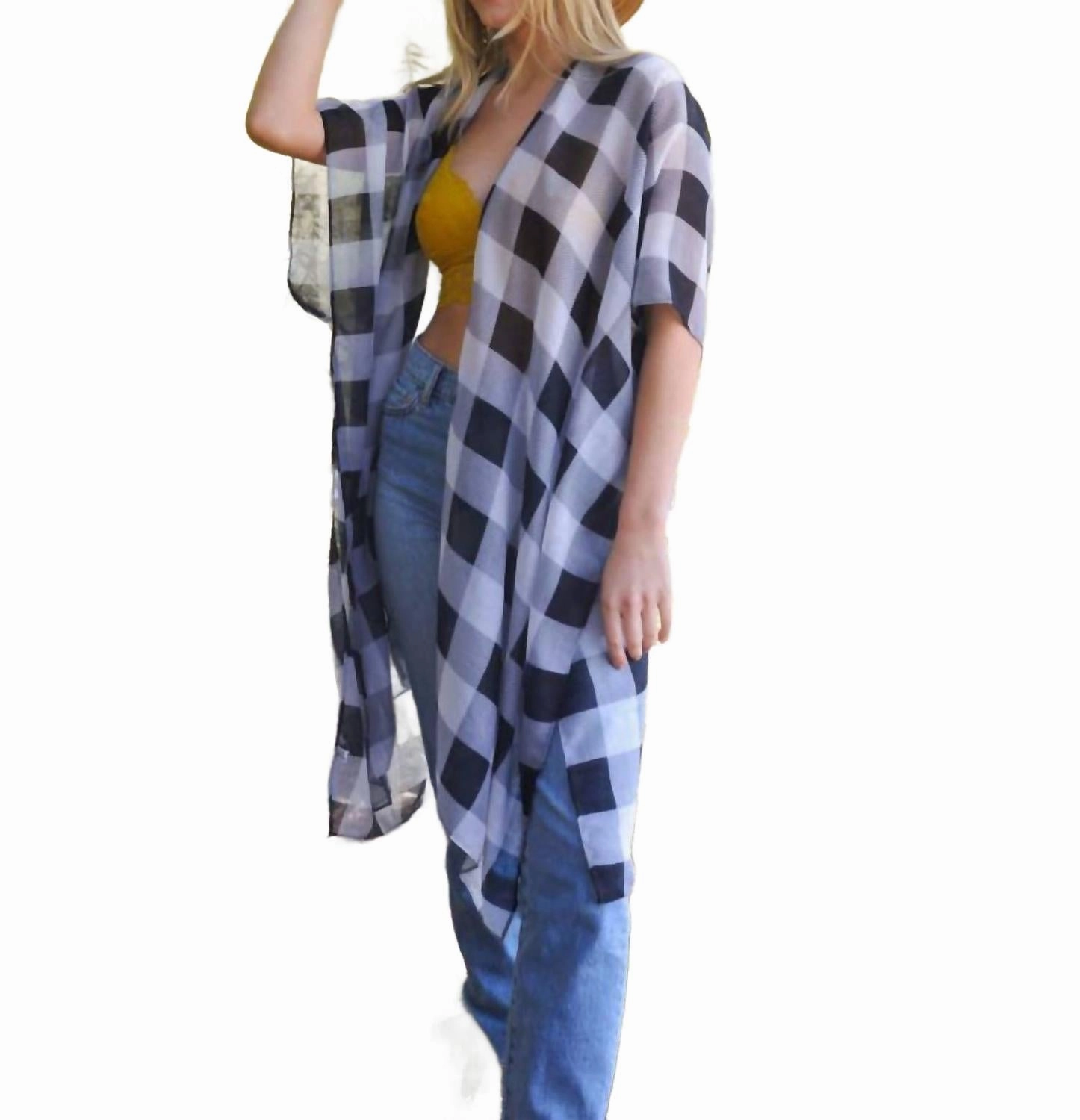 Compact Knit Reinforced Hems Lightweight Buffalo Check Kimono In Black & White
