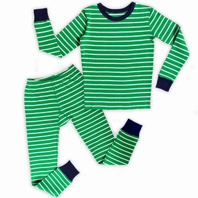 Mightly Unisex Green Stripe 2-piece Pajamas Butterfly Hem Detail Skin Friendly Seams