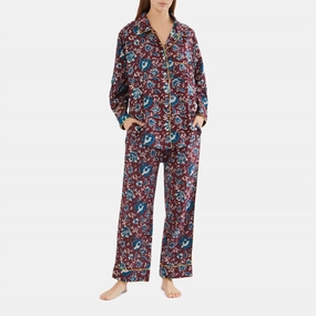 High Rise Fit Lightweight Cotton Floral Long Pj Set In Burgundy / Petrol Blue