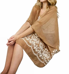 Lightweight Floral Embroidered Tassels Boho Festival Kimono Wrap In Mocha Fade Resistant Dye Soft touch finish