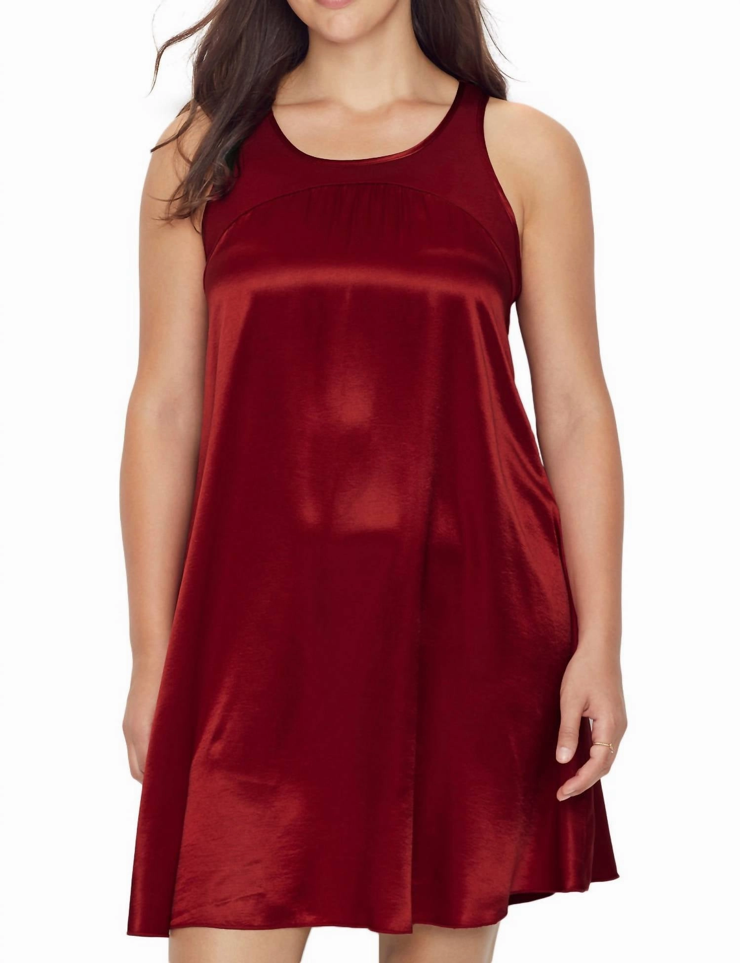 Ultra Stretch Waistband Lindsay  Satin And Rib Nightgown In Red