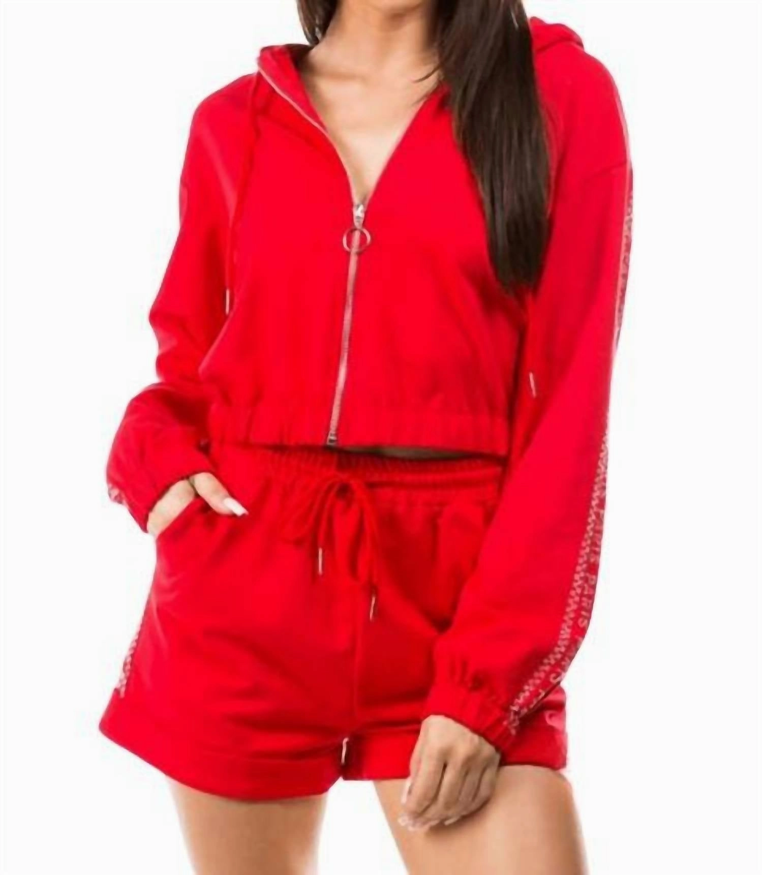 Moisture Wicking Fabric Line In Paris Long Sleeve Hoodie And Short Set In Red
