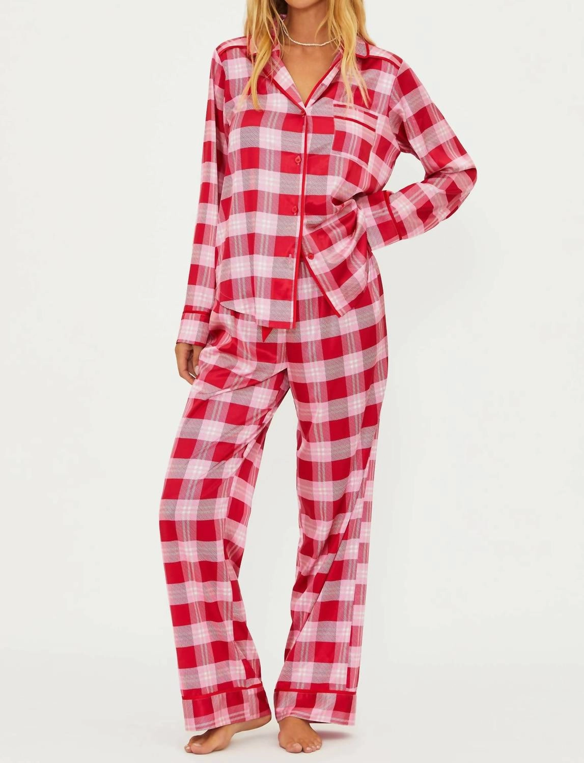 Livy & Connie Pajama Set In Candy Cane Plaid Static Resistant Fibers Soft touch finish