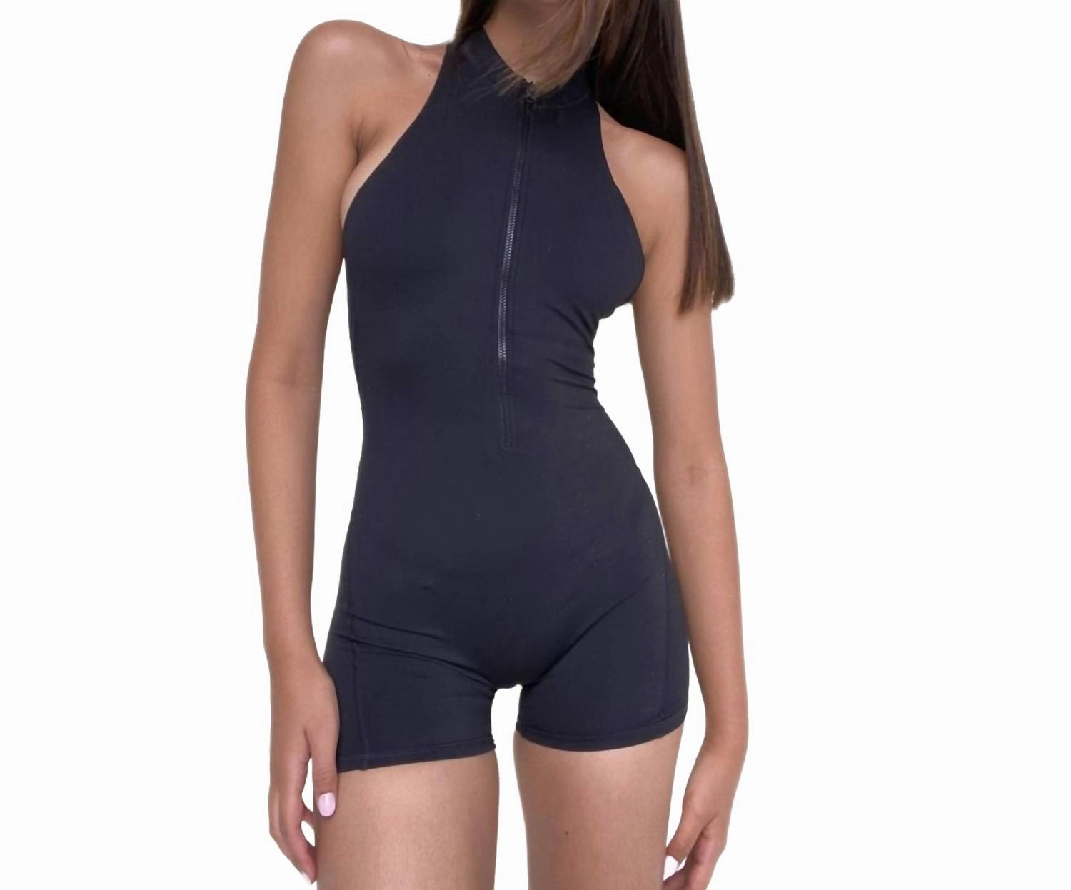 Lola Halter Zip Romper In Black Flexible Stretch Fabric
