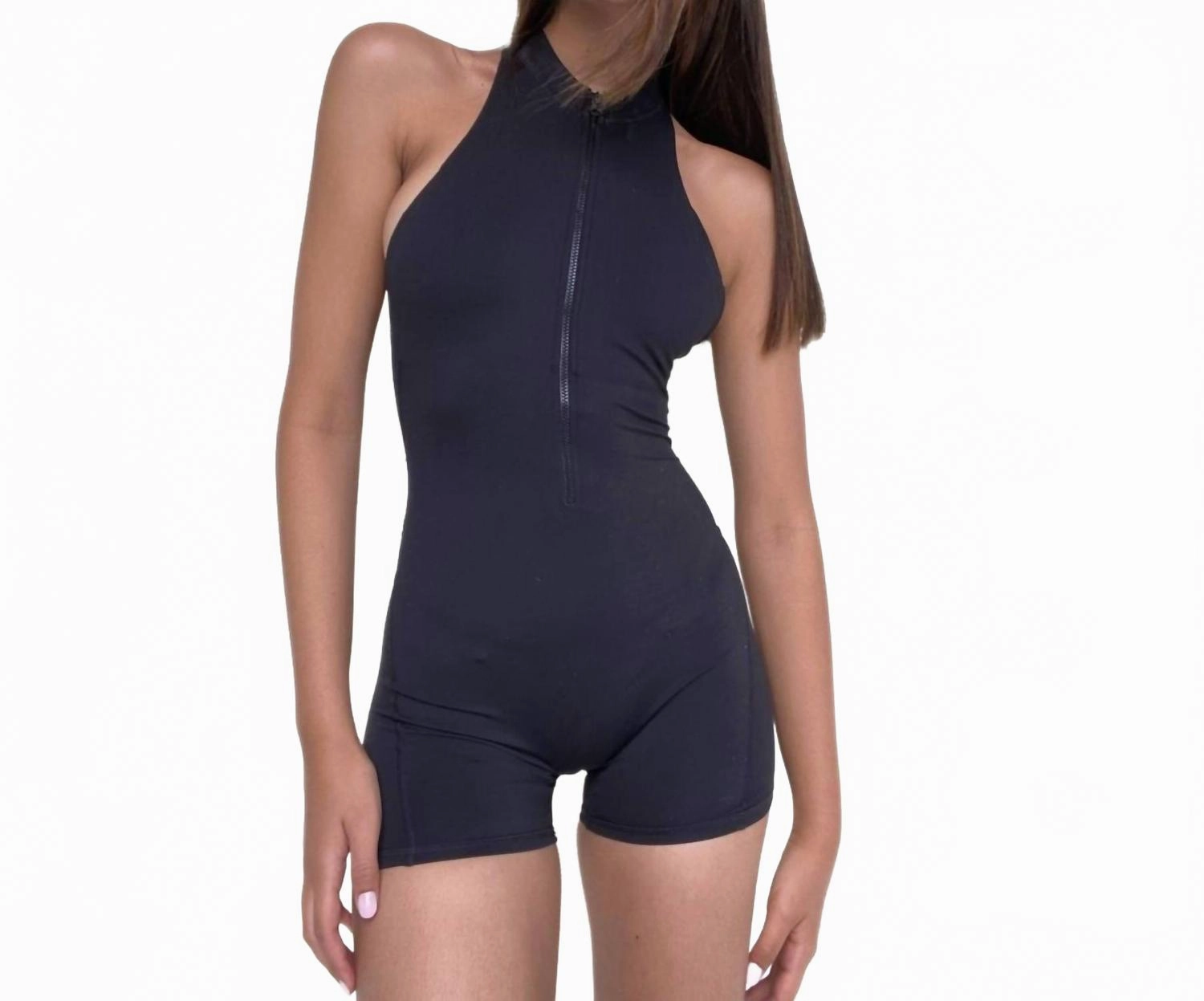 Lola Halter Zip Romper In Black Kangaroo Pocket Relaxed fit style