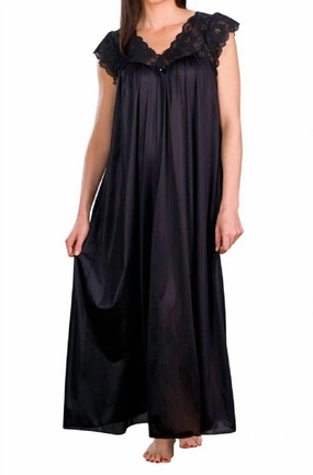 Long Lace Cap Sleeve Nightgown In Black Wide Leg Cut
