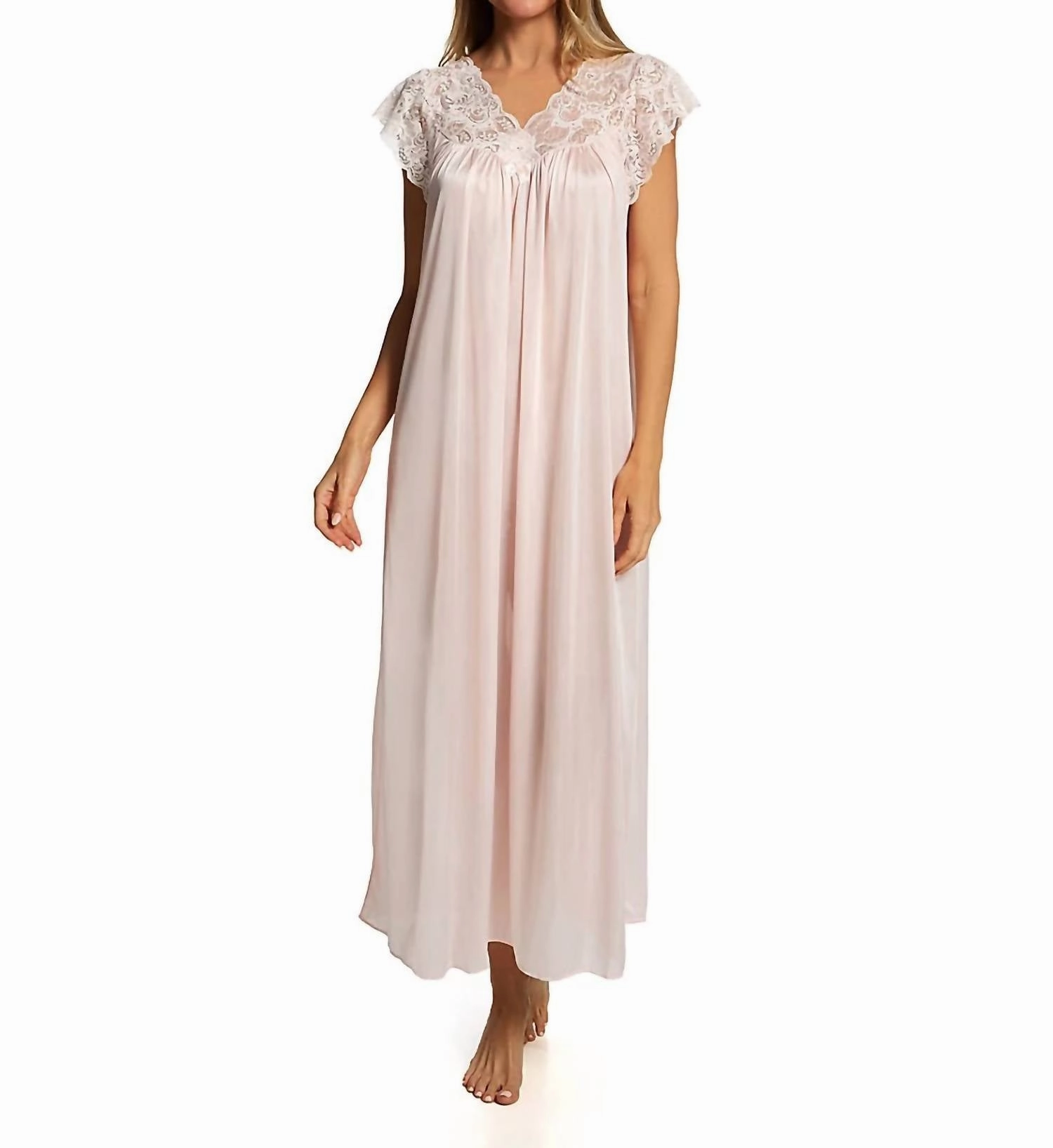 Static Resistant Fibers Long Lace Cap Sleeve Nightgown In Blush