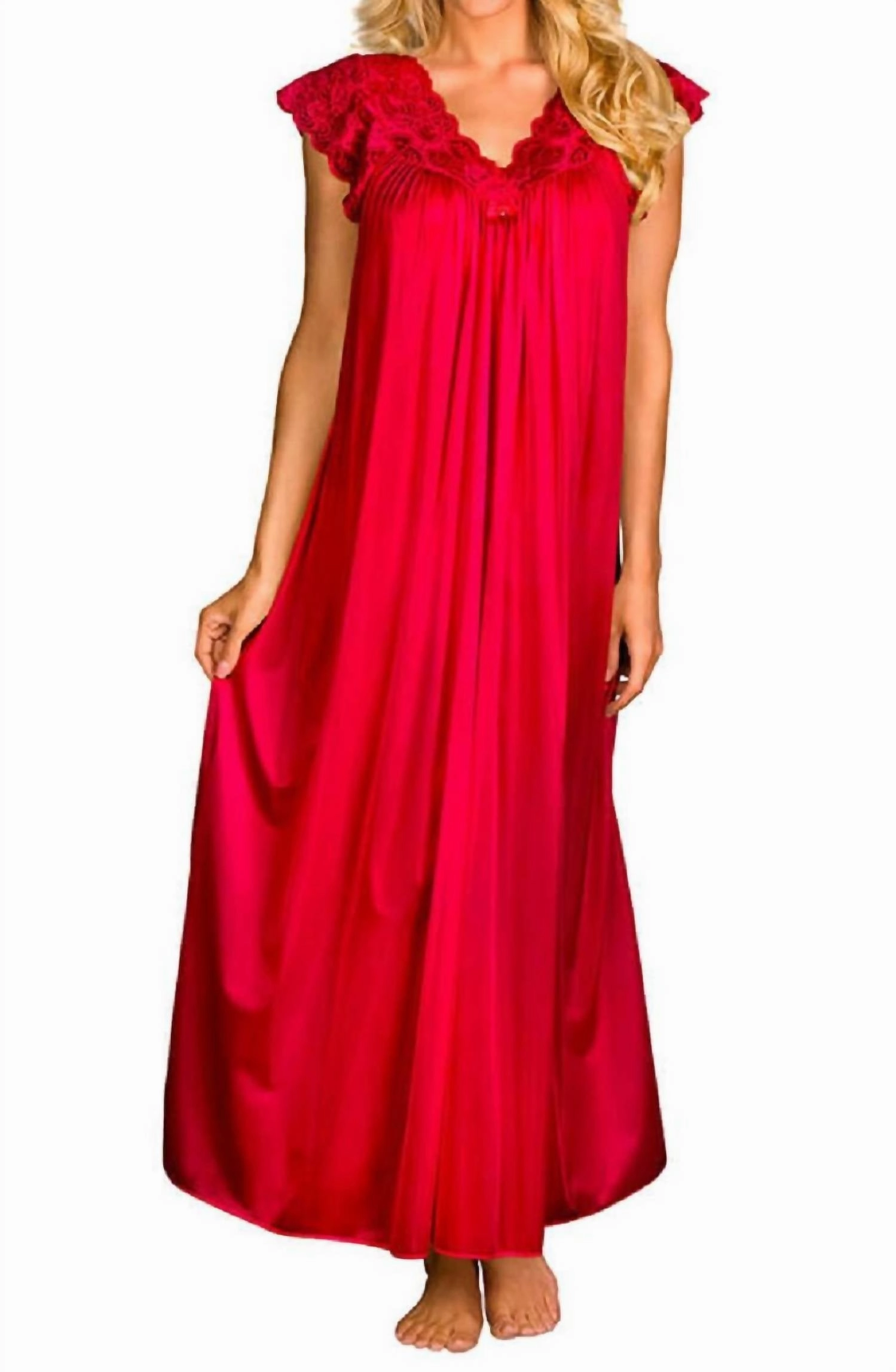 NoSlip Grip Soft Fabric Long Lace Cap Sleeve Nightgown In Red