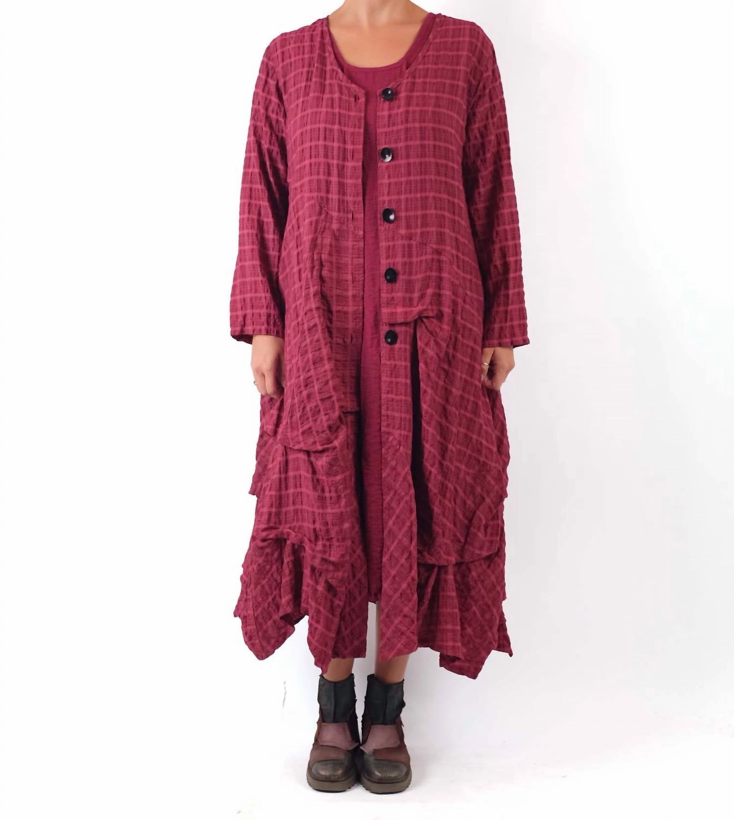 Long Plaid Duster In Cayenne Tencel Blend Balanced Compression