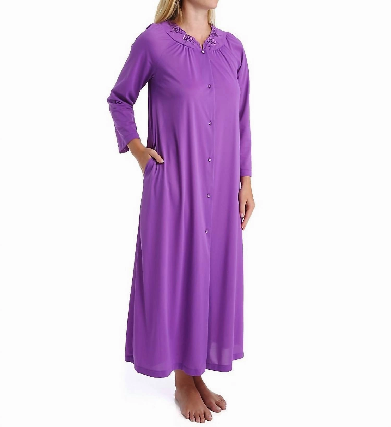 Long Sleeve Button Down Robe In Purple NoSlip Grip Zipper Free Design