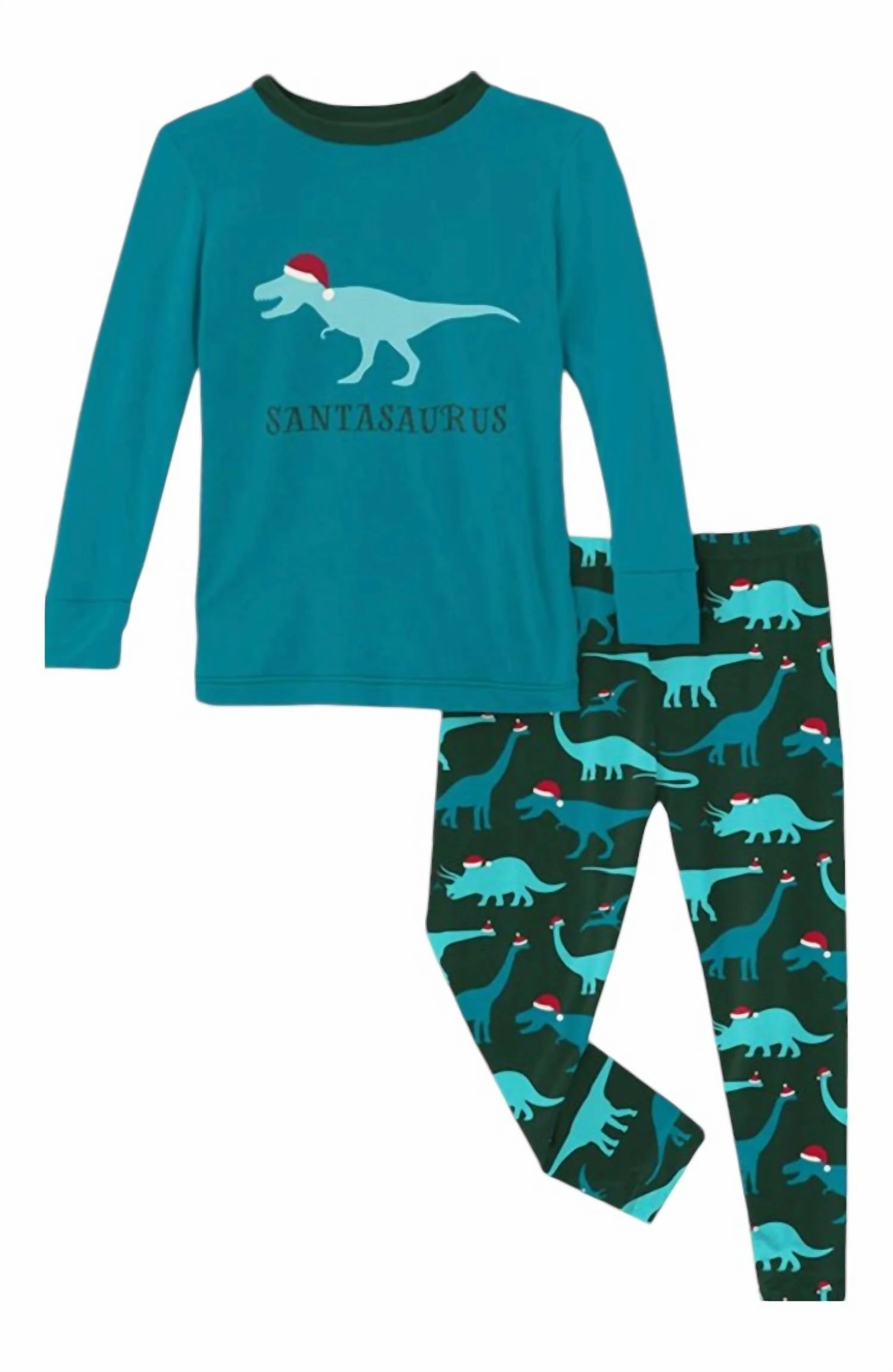 Waffle Knit Texture Lightweight Thermal Regulating Long Sleeve Graphic Tee Pajama Set In Santa Dinos