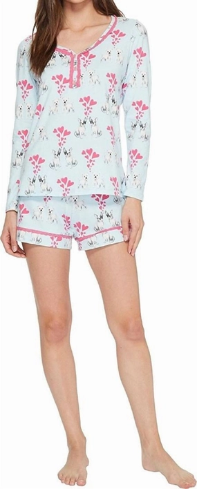 Long Sleeve Sweetheart Two-Piece Shorts Set In Blue Stretchable Fabric