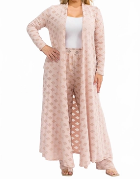 Longline Cardigan & Pants Mesh Set In Nude Pink Multi Directional Stretch