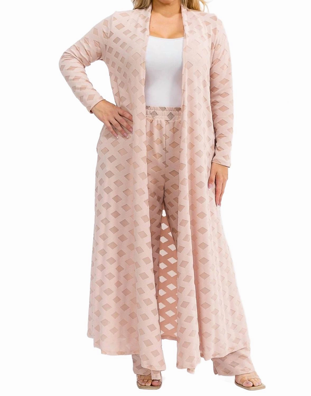 Longline Cardigan & Pants Mesh Set In Nude Pink Multi Directional Stretch