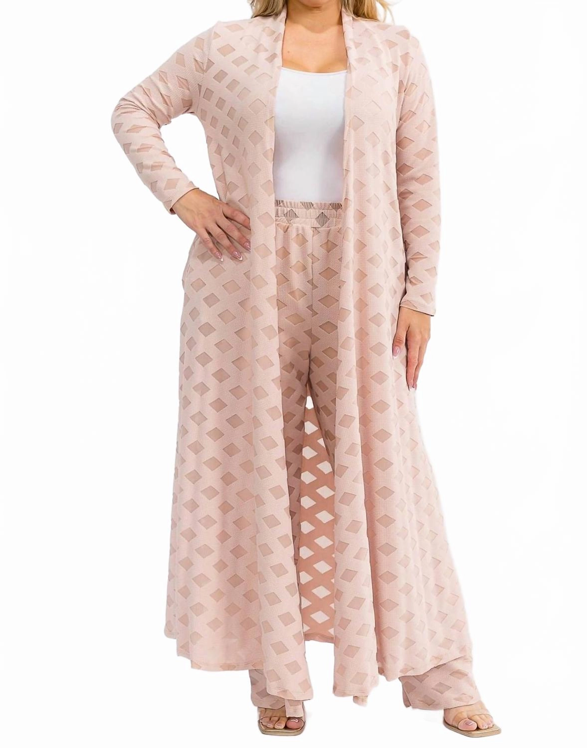 Double Needle Stitching Longline Cardigan & Pants Mesh Set In Nude Pink