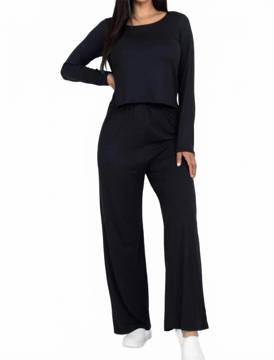 Lightweight Knit Easy Wear Top & Pants Set In Black