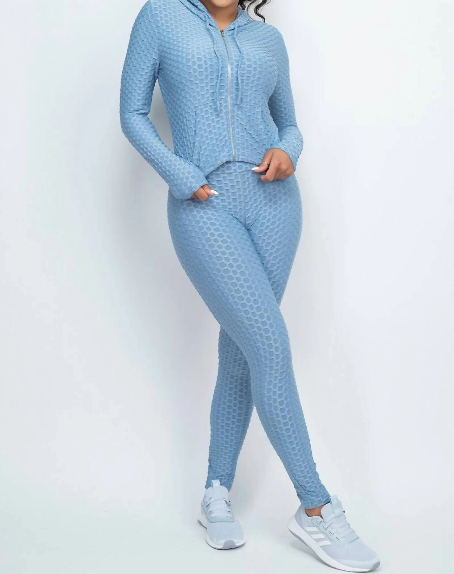 Wide Leg Opening Design Thermal Insulation Honeycomb Top And Legging Set In Blue