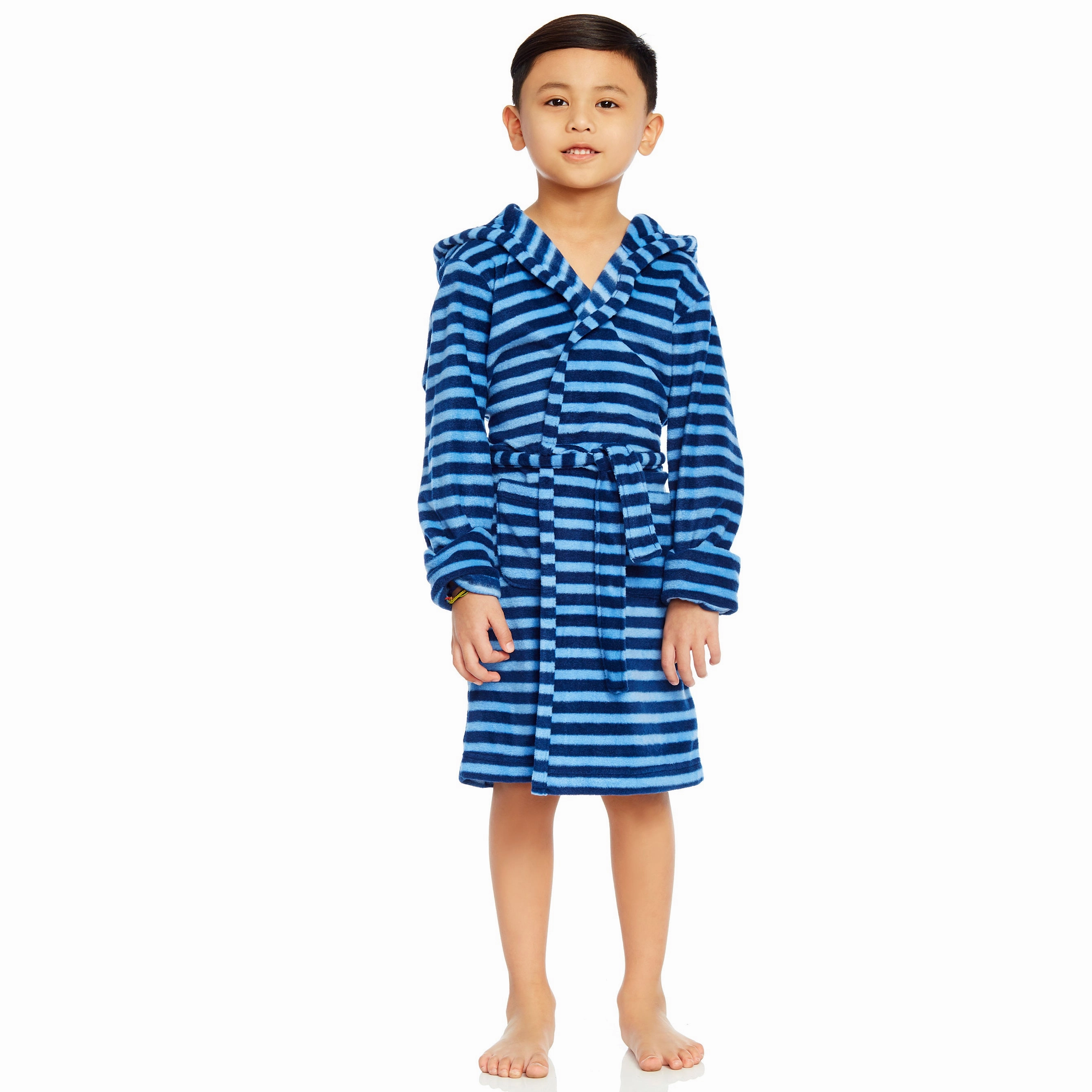 Kids Fleece Hooded Robe Striped Wide Leg Opening Design Layered Hem Design