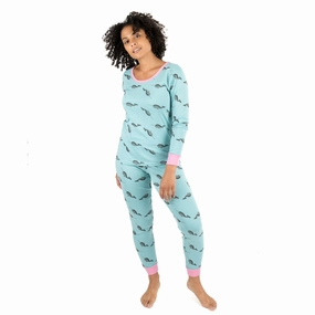Womens Two Piece Cotton Pajamas Whale Soft touch finish Textured Ribbed Collar