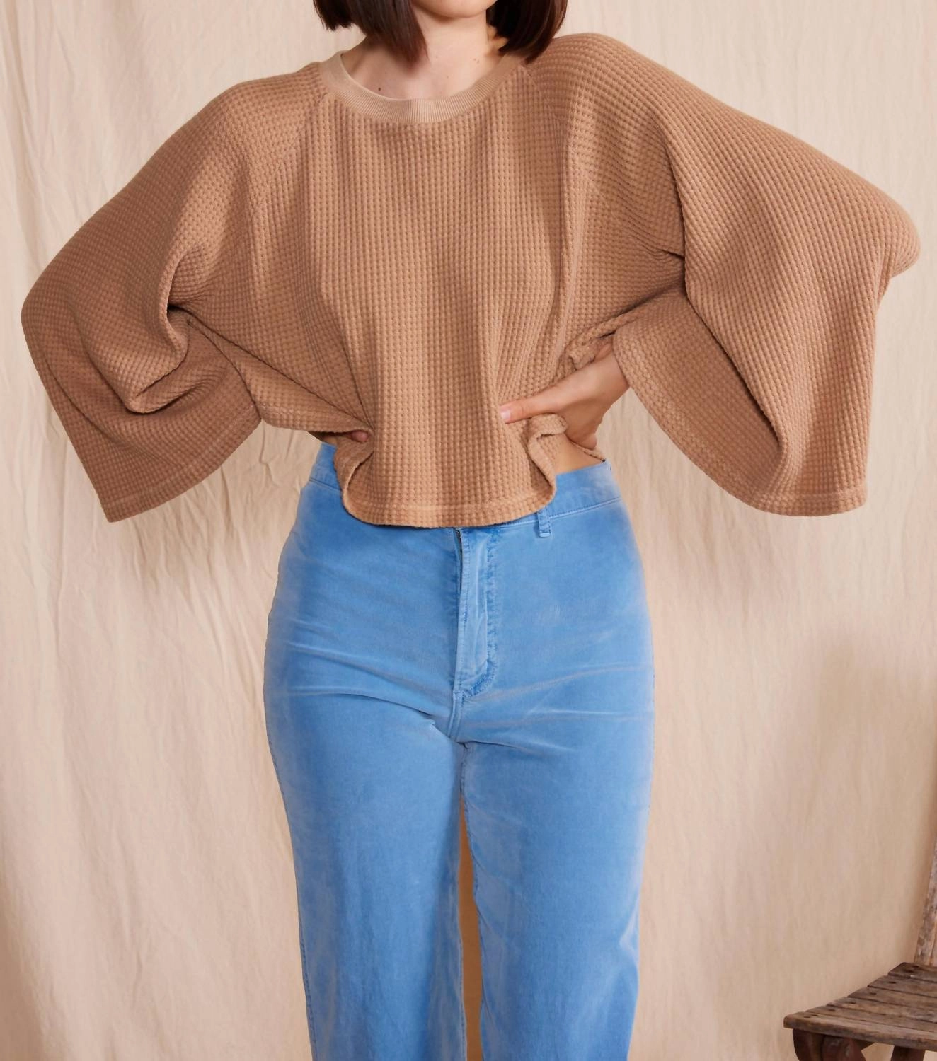 Organic Cotton Blend Lotus Waffle Top In Camel