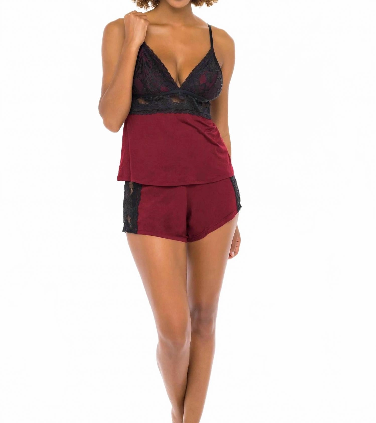 Louella Lace Camisole And Short Set In Rhubarb / Black QuickDry Material