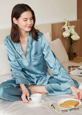 Women's 22MM Gold Piping Silk Pajamas Set HighWaisted Design