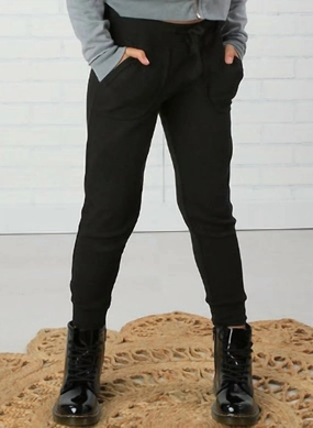 Lightweight Weave Anti Pilling Textile Girls Fitted Thermal Joggers In Black