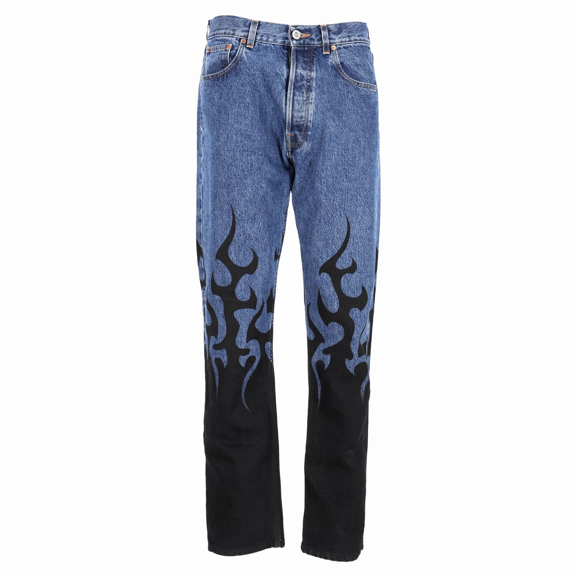 Simple Match Trendy Apparel Vetements Flame Print Straight-Leg Jeans in Blue Cotton Denim