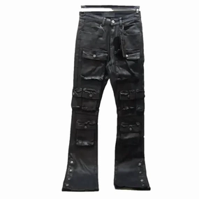 Men's Coated Denim Cargo Skinny Jeans In Black Non Restrictive Thigh Softened Lining