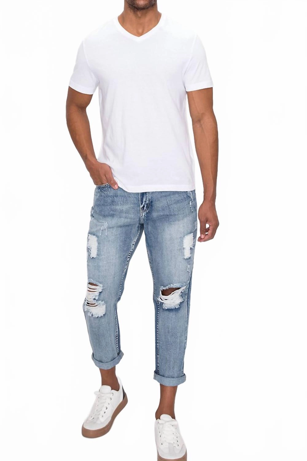 Tapered Leg Profile Men's Distressed Cropped Denim Jeans