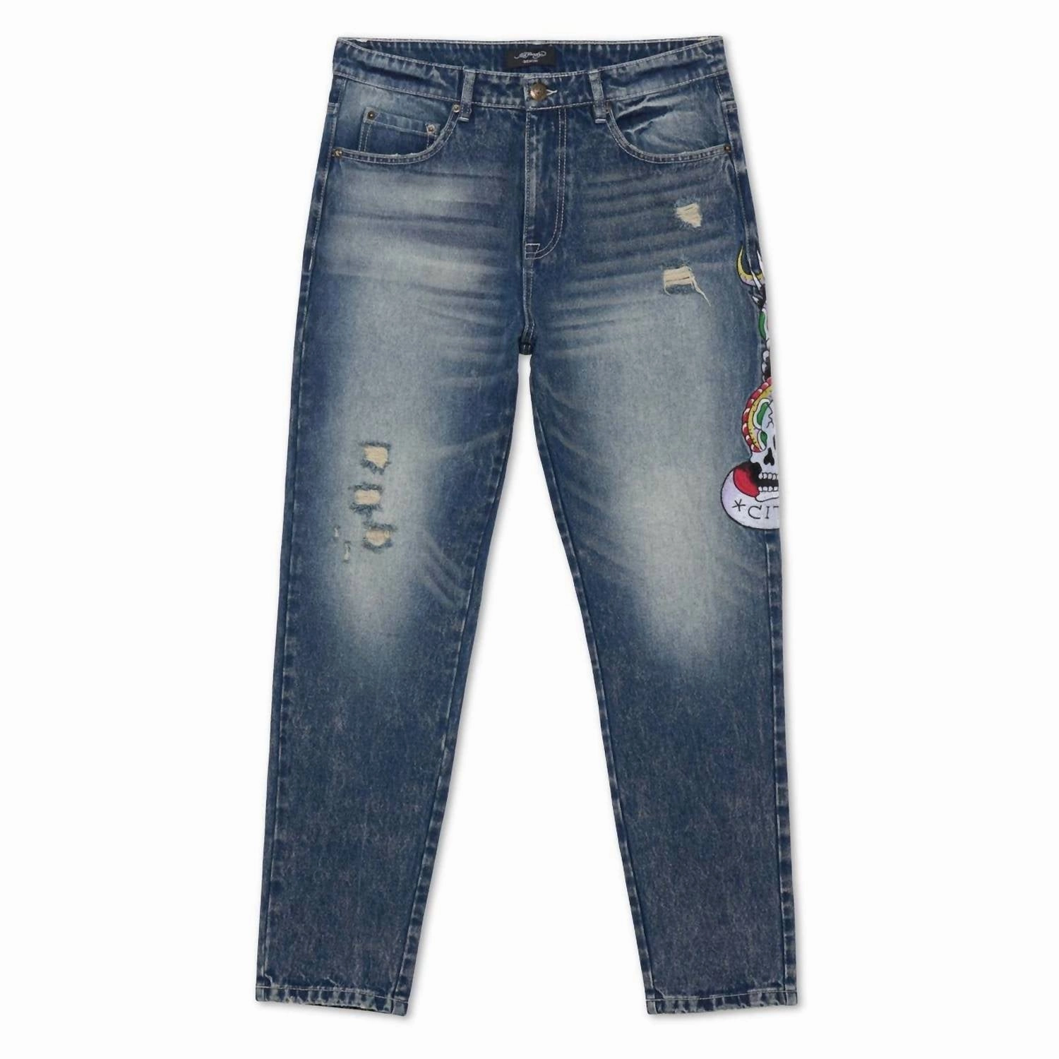 Men's Nyc Eagle Skull Slim Taper Jean In Medium Vintage Anti Slip Belt Loops Fashionable Touch