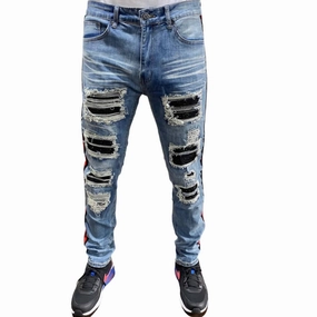Men's Rhinestones Patch Side Tape Denim Jean In Blue Wash Slim Family Style Daily Wear