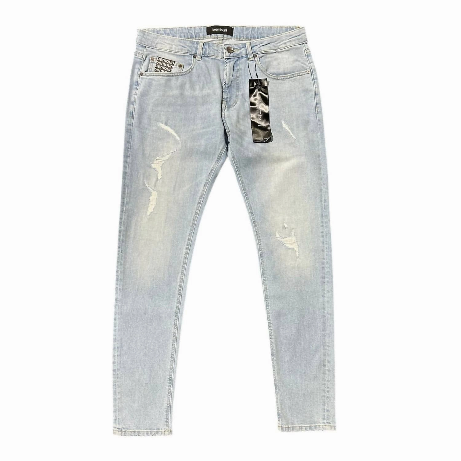 Men's Skinny Denim Jean In Ultra Light Sandy Blue Curved Seam Construction
