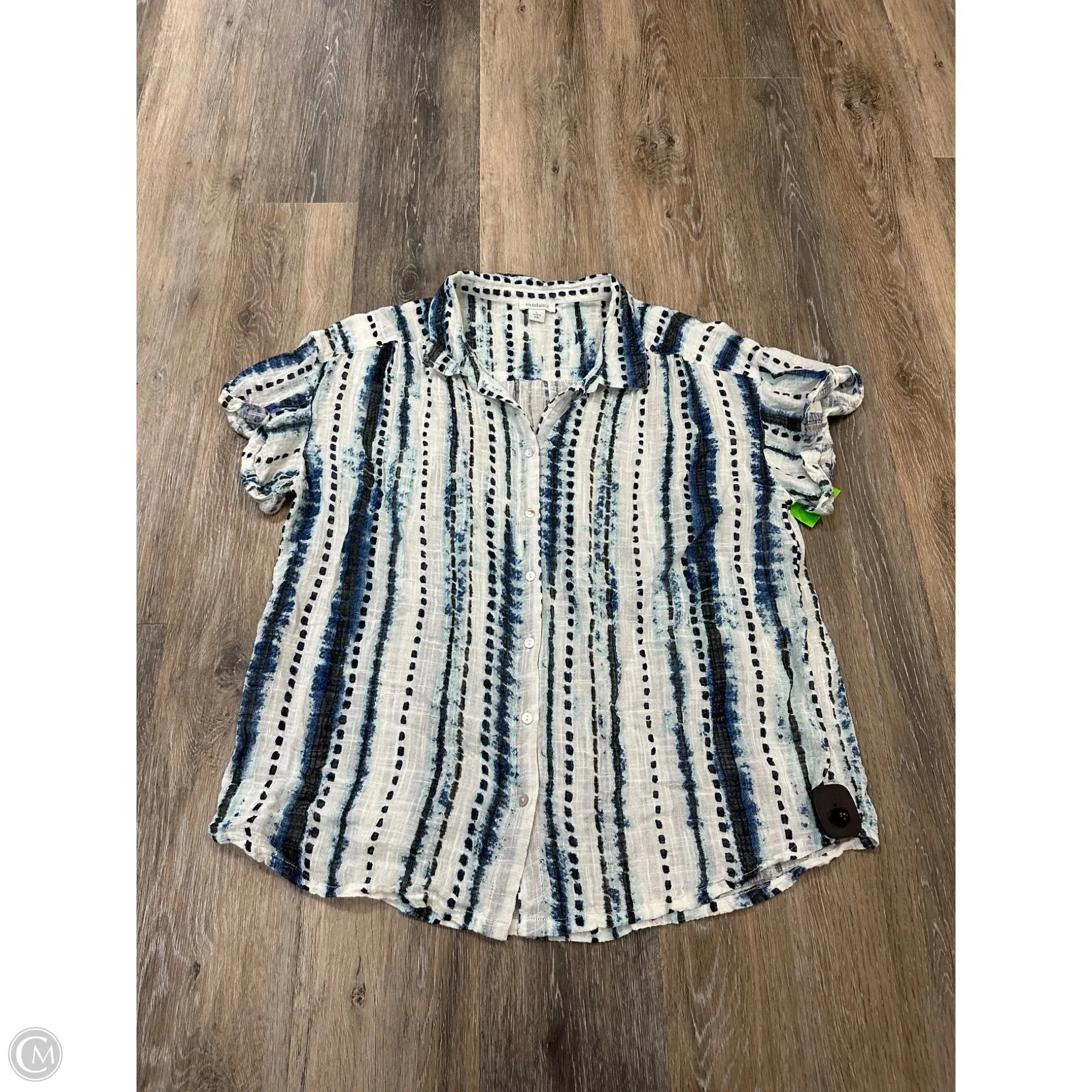 Blouse Short Sleeve By Sundance In Blue & White, Size: L Biodegradable Fiber Blend