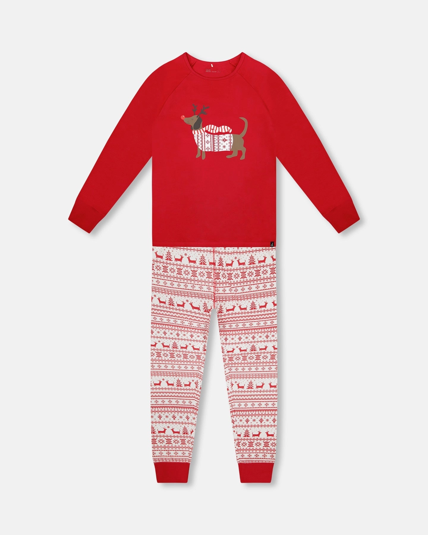 Adult Women Organic Cotton Two-Piece Pajamas Red and White Fairisle Drop Shoulder Seamless construction