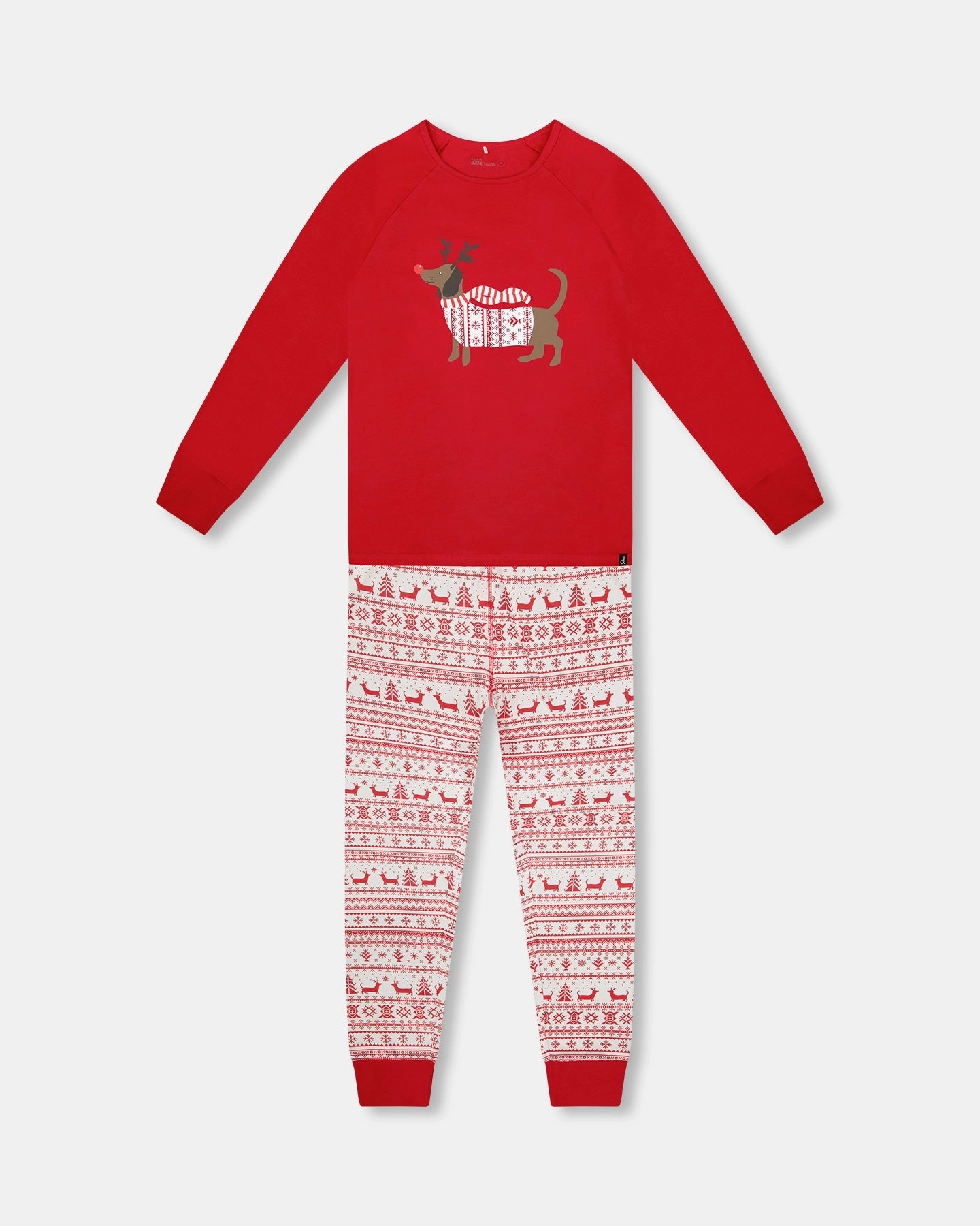 Double Needle Stitching Adult Women Organic Cotton Two-Piece Pajamas Red and White Fairisle