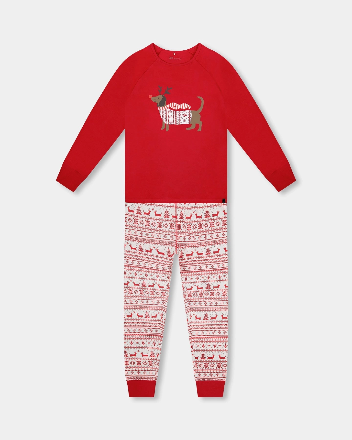 Crew Neckline Flexible Ribbed Cuffs Adult Women Organic Cotton Two-Piece Pajamas Red and White Fairisle