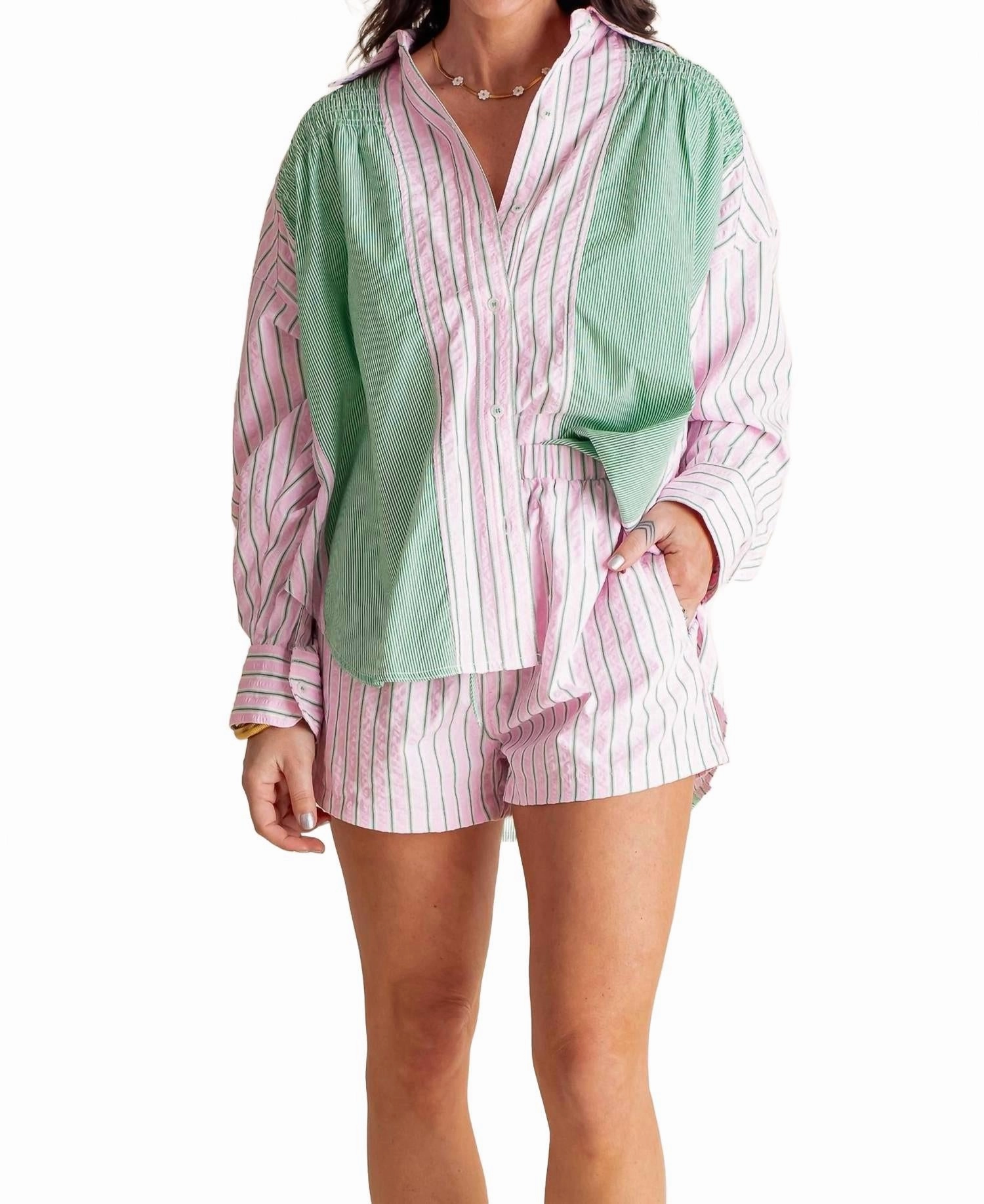 Short And Button Up Set In Light Pink Green Textured Ribbed Collar