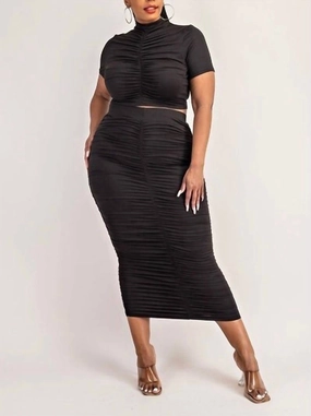 Two Piece Short Sleeve Ruched Top And Skirt Set In Black Low Impact Elastic