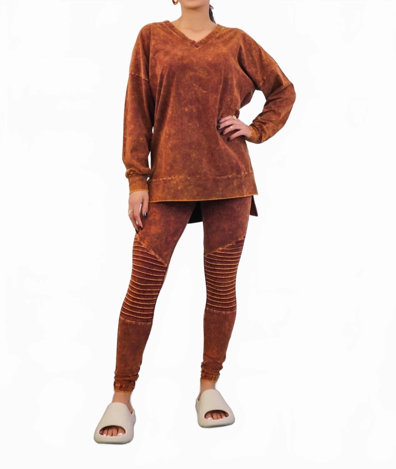 Oversized Hoodie Design Roomy Armholes Mineral Wash Long Sleeves Top And Motto Legging Set In Almond