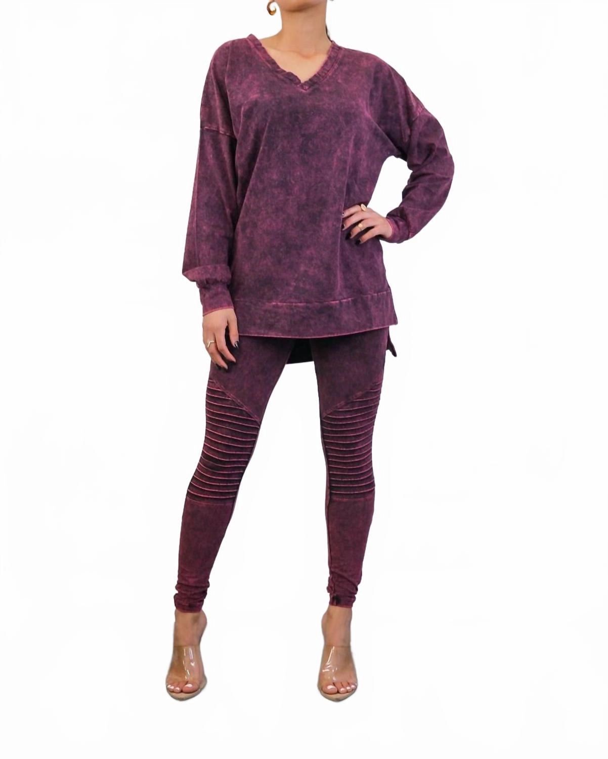 Easy Care Material Drop Shoulder Construction Mineral Wash Long Sleeves Top And Motto Legging Set In Purple