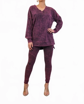 UltraSoft Brushed Interior Mineral Wash Long Sleeves Top And Motto Legging Set In Purple