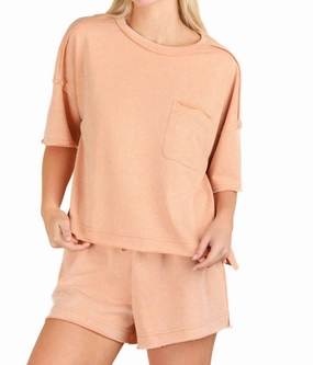 Mineral Washed Comfy Knit Top & Shorts Set In Orange Universal Sizing System MachineWashable Fabric