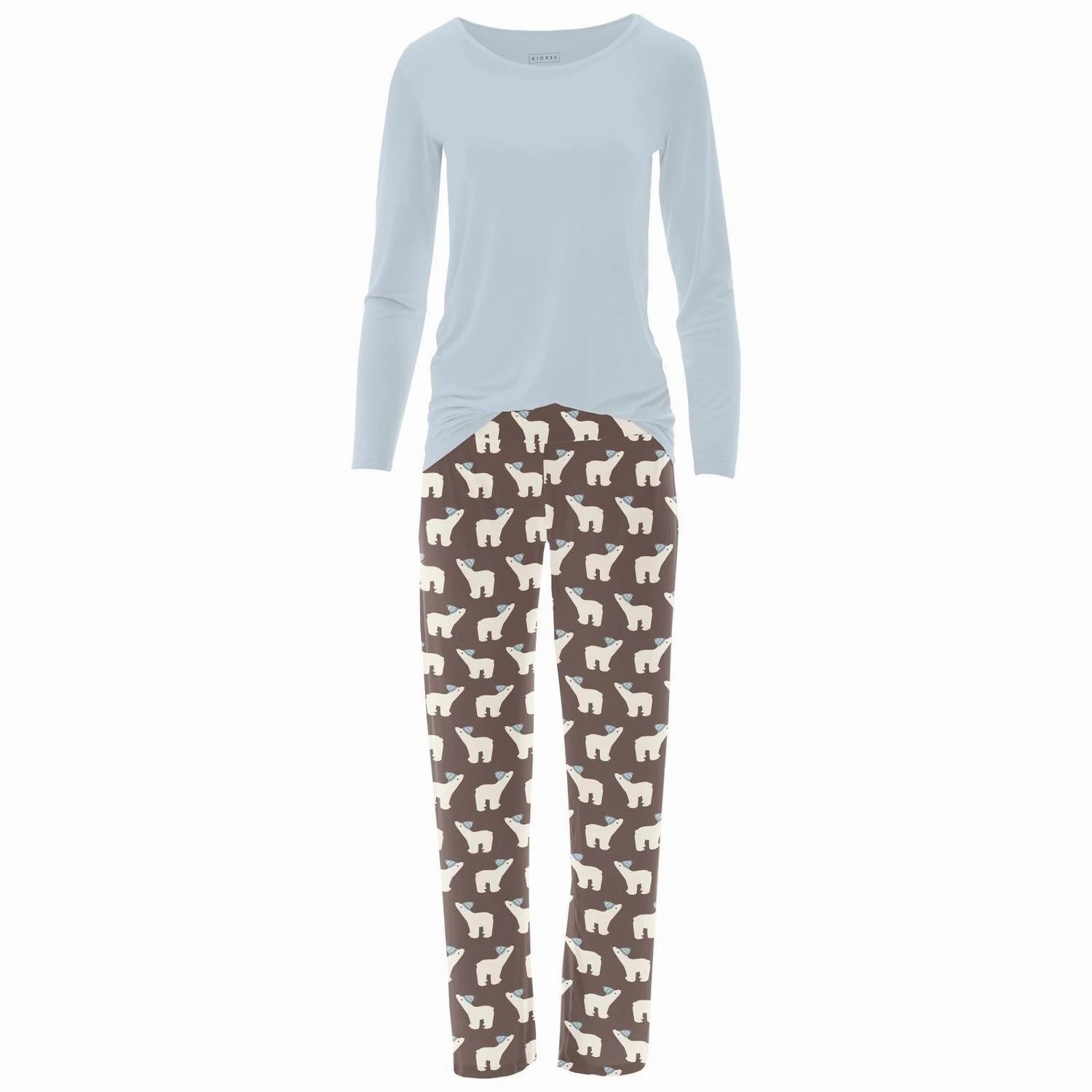 Split hem Non Binding Necklines Women's Long Sleeve Tee & Pajama Pants Set In Coffee Polar Bears