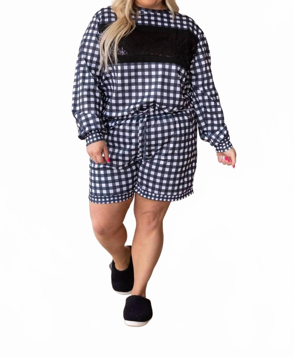 Gingham Loungewear Set With Shorts And Sequins In Black Thermal regulation