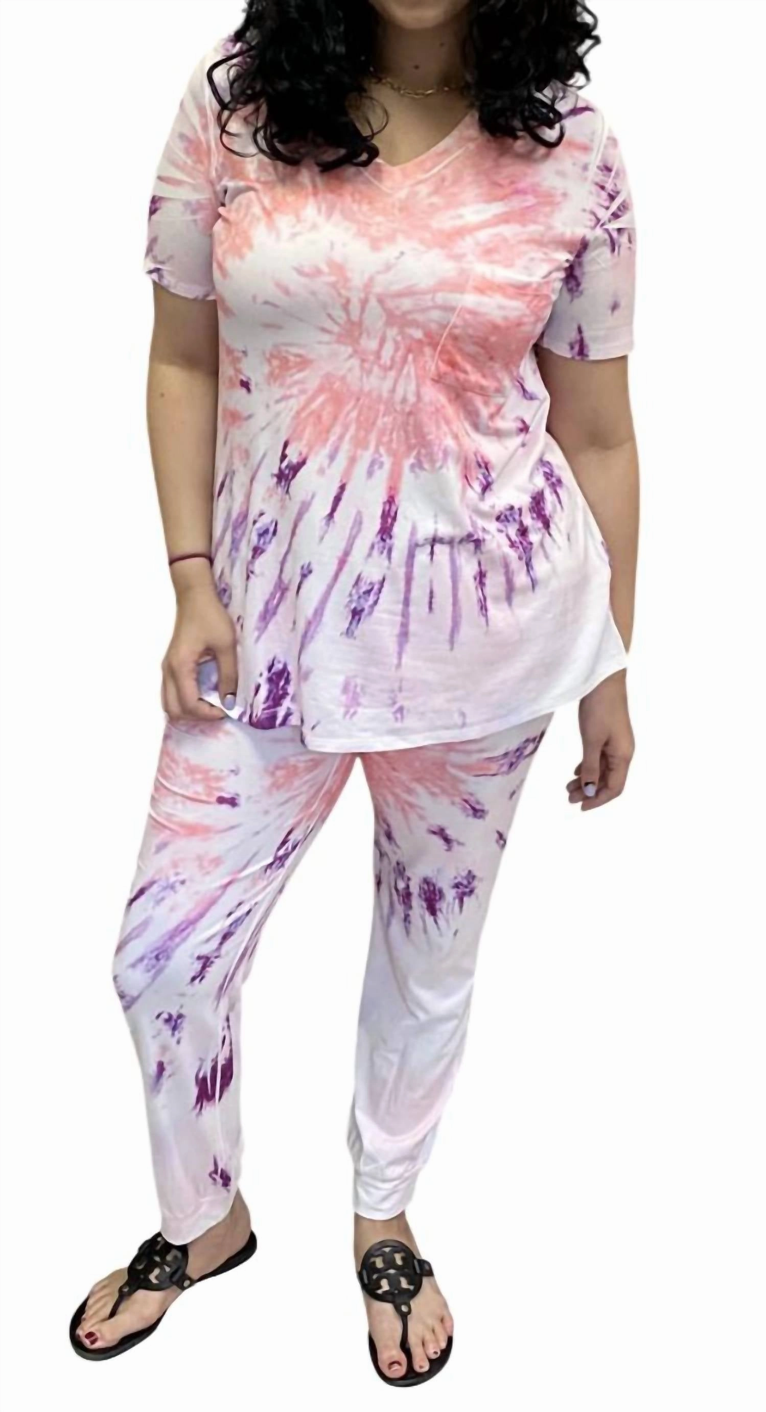 Starburst Tie Dye Jogger Set In Magenta Flexible Stretch Fabric Plush Fleece Lining