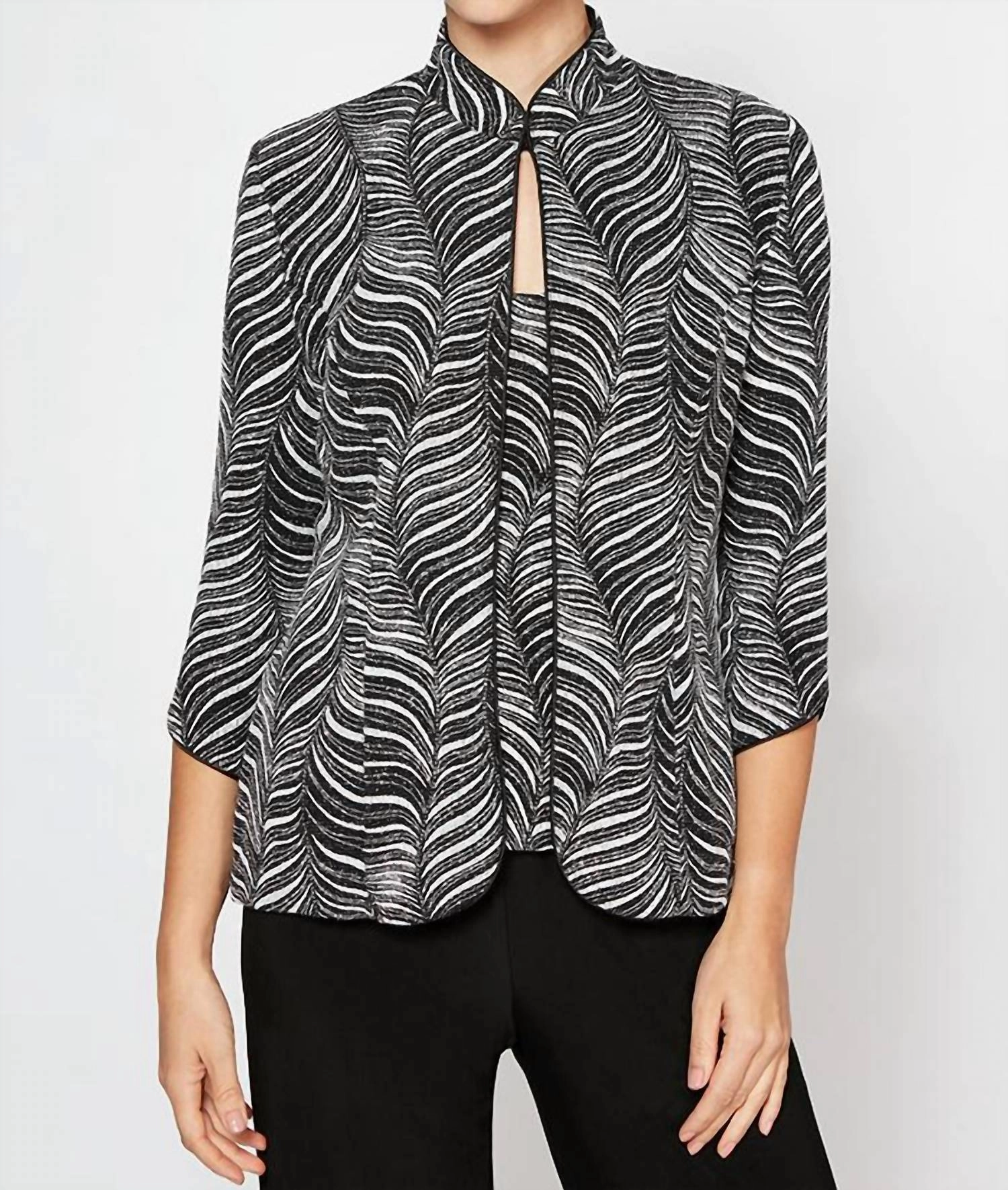 hypoallergenic material Brushed Fleece Waves Glitter Printed Twinset With Mandarin Neck Jacket And Scoop Neck Tank In Black White