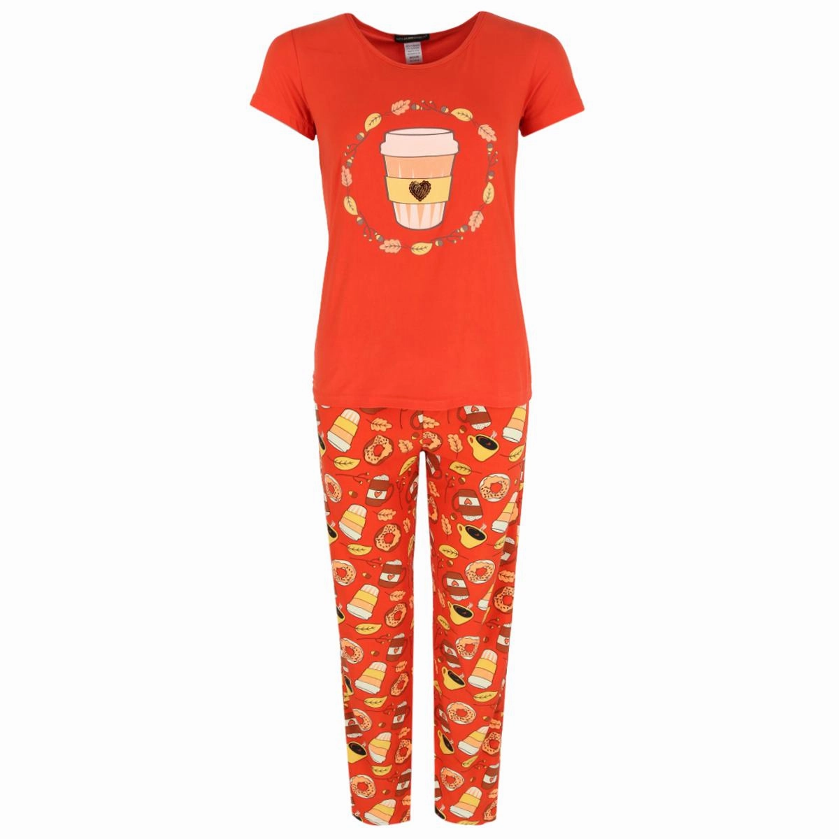 Women's Pumpkin Spice Short Sleeve Pajama Set Tear Resistant Fabric Drop Shoulder Construction