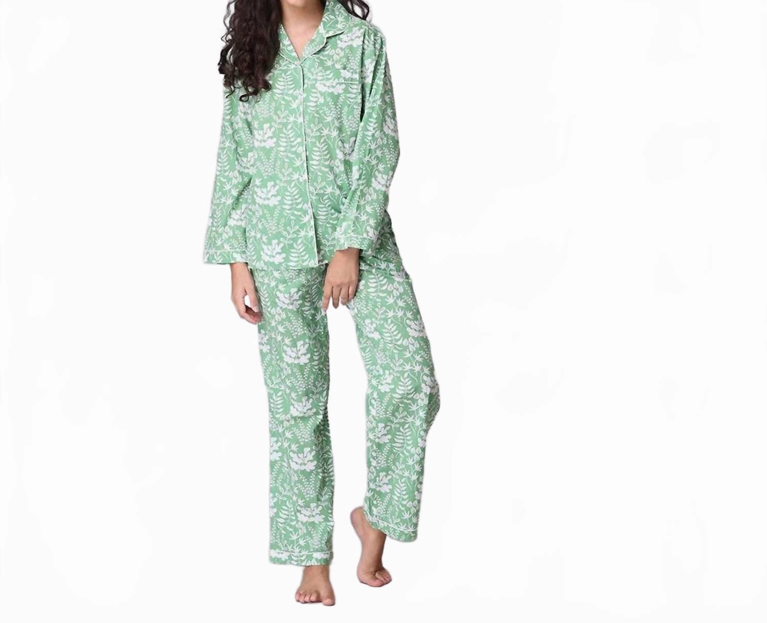Miya Pajama Set In Green Botanical Airflow Optimized Texture